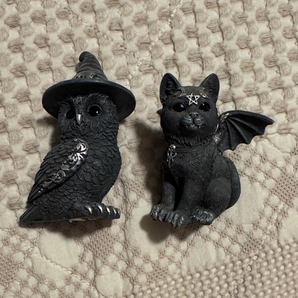 Black Owl and Cat Figurines